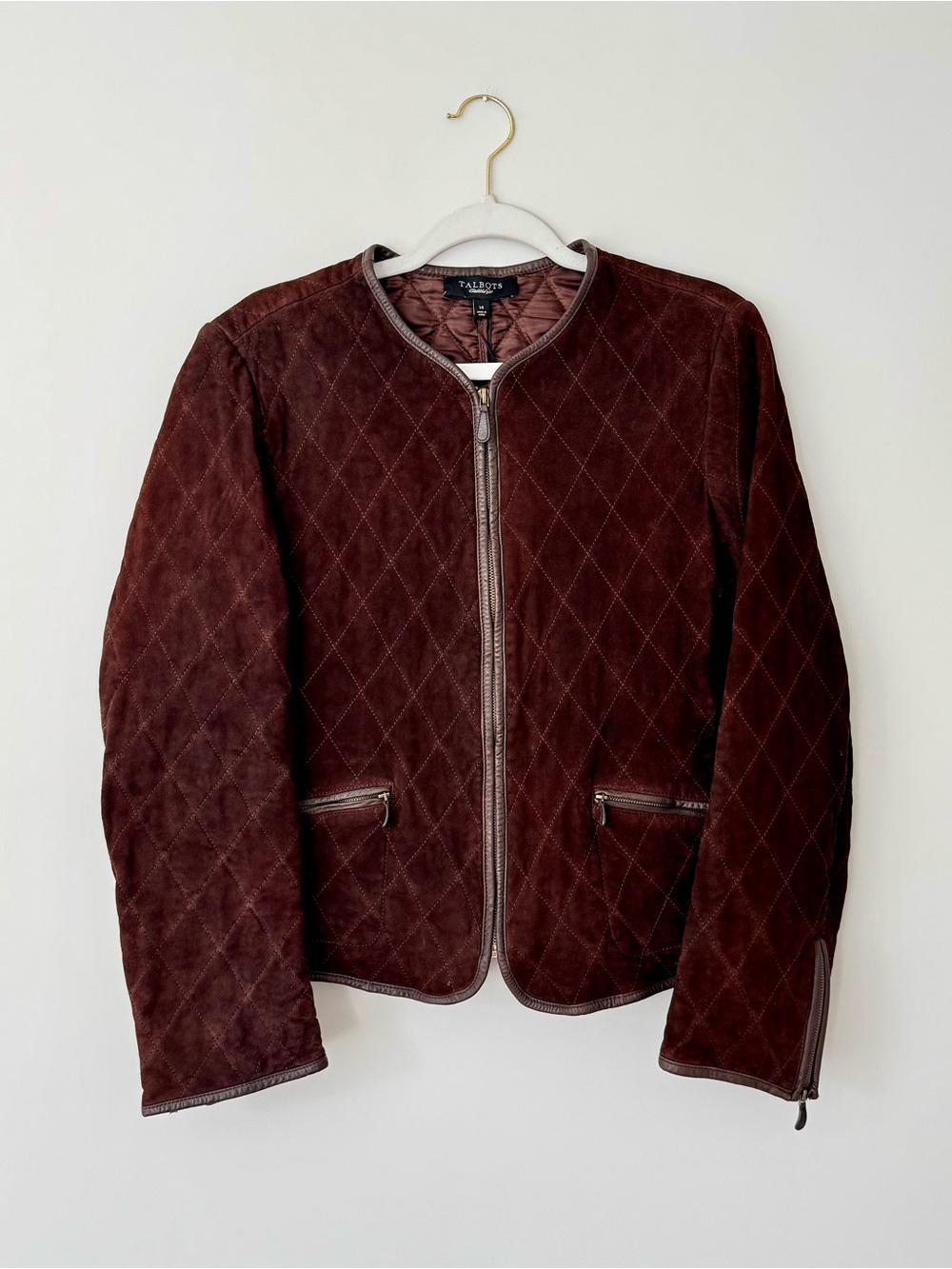 Talbots *Flawed Vintage Quilted Suede Leather Tailored Jacket, Brown – Size 14